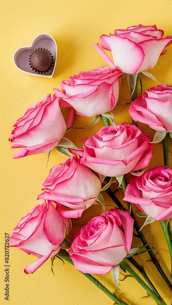Pink rose flowers pattern on yellow background flat lay top view valentine s day collage Pink rose flowers pattern on yellow background flat lay top view valentine s day collage