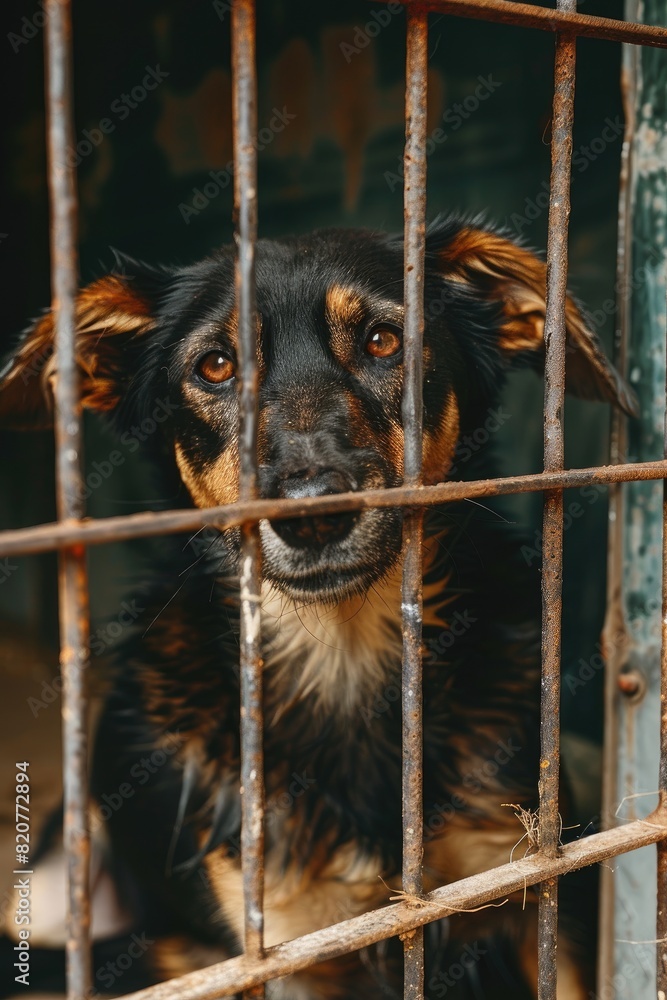 close-up of a dog in a cage. Selective focus