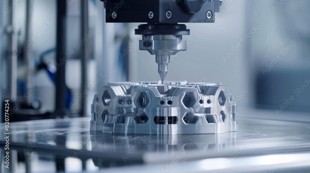 A state-of-the-art 3D printer creating a complex mechanical part A state-of-the-art 3D printer creating a complex mechanical part