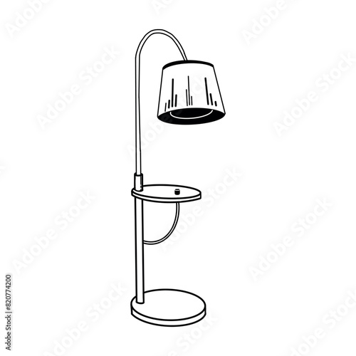 Vintage floor lamp. A floor lamp with a large shade and a leg, drawn in vector in black on a white background. For designing interior sketches and visualizations. For printing and scrapbooking.
