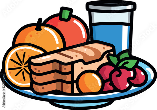 Vector illustration of a plate of delicious breakfast with bread, fruits and vegetables