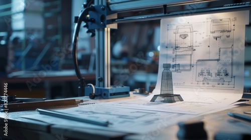 An electronic 3D printer converting blueprints into a physical model photo