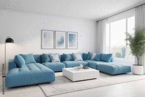 White Living Room Desig With Light Blue Sectional