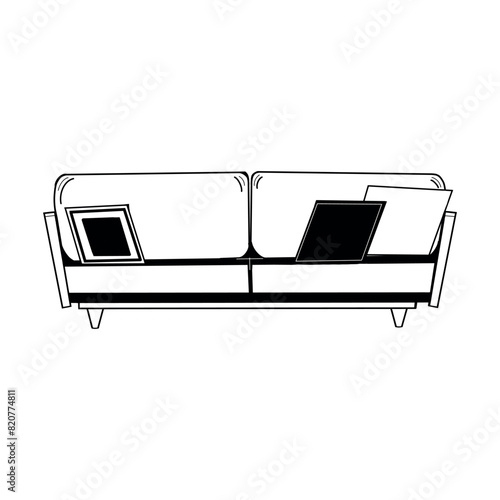 Vintage painted sofa with pillows and soft backrest. Vector illustration, sofa hand drawn in vector in black color. For designing interior sketches and visualizations. For printing and scrapbooking.