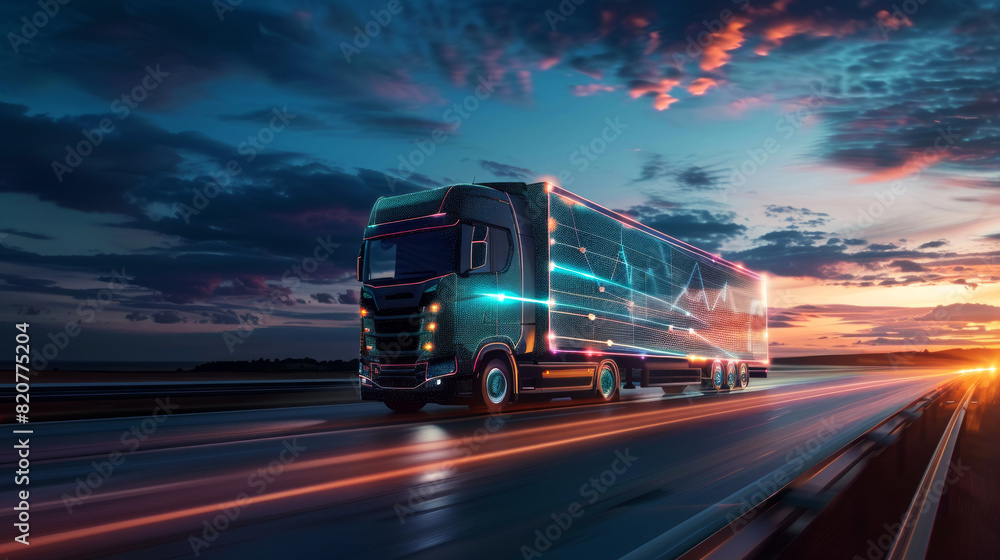 A futuristic smart truck driving on a highway 