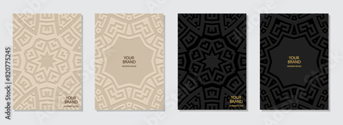 Set of ethnic covers, vertical templates. Collection of relief, geometric backgrounds with 3D pattern, Greek meander. Place for text. Ornaments of the East, Asia, India, Mexico, Aztec, Peru.