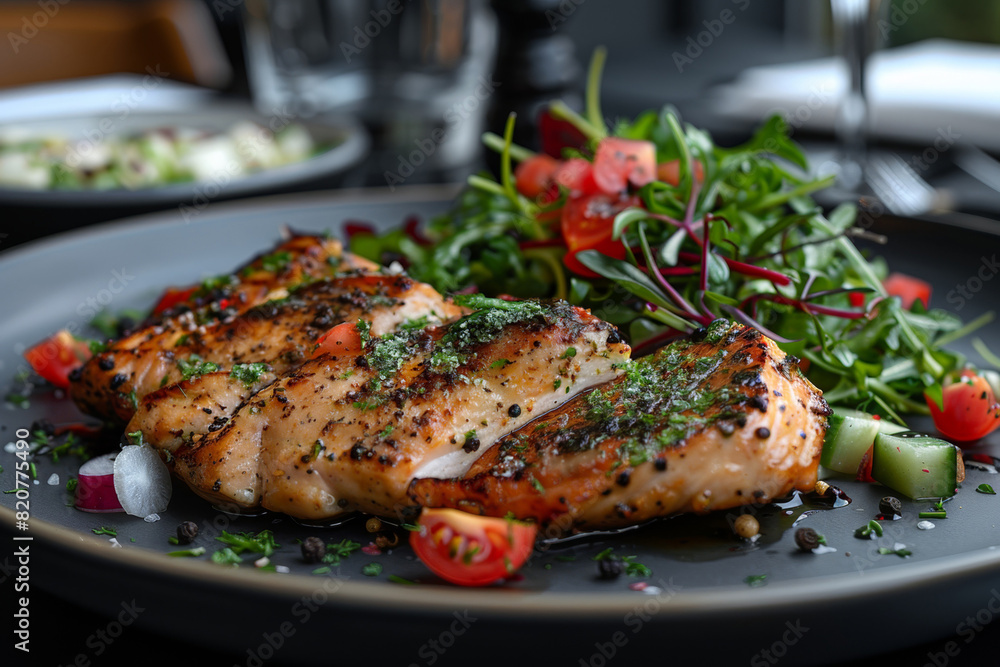 A delicious chicken dish with grilled fillet served on a plate with fresh salad. A delicious chicken dish with grilled fillet served on a plate with fresh salad.