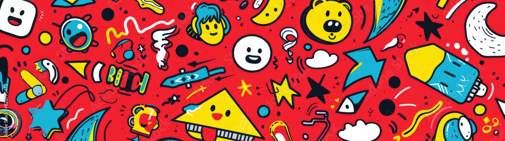 Naklejka premium Several different items scattered over a vibrant red background, creating a visually dynamic composition with various shapes and colors