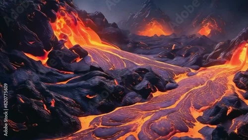 Magma lava slow motion flow black slate background volcanic soil planet - 4k stock video footage animation photo