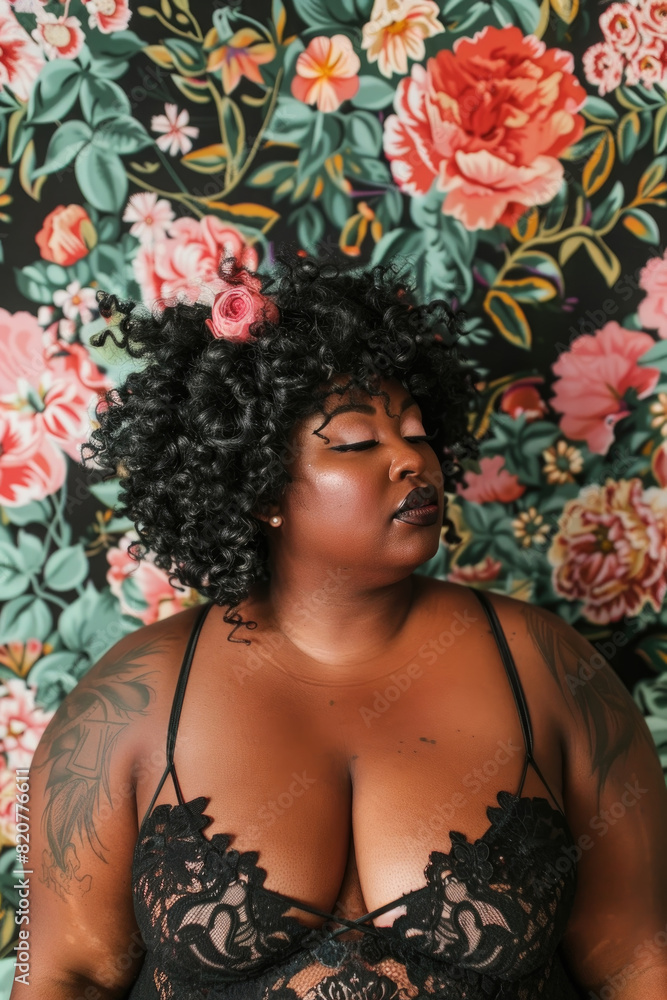A woman with large breasts is depicted wearing a black bra in this photo A woman with large breasts is depicted wearing a black bra in this photo
