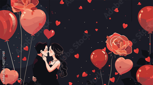 Happy couple in love with roses and balloons on black