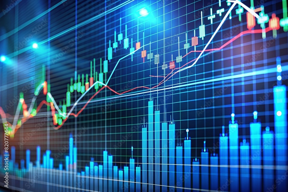 Blue line chart on displaying financial data with an upward trend Blue line chart on displaying financial data with an upward trend