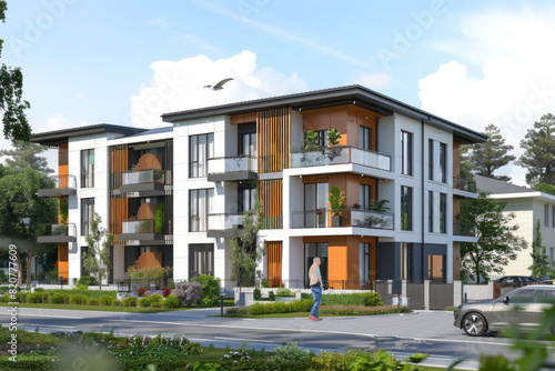 Architectural illustration of a modern two story apartment building with multiple windows, balconies, and a flat roof