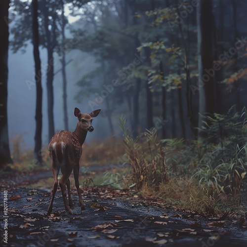 A young deer stands on a misty forest path, twigs scattered on the ground, amidst tall trees and soft dawn light.