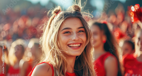 Beautiful cheerleader with long blonde hair, red top and pigtails, performing at the football game, smiling while dancing in front of cheering fans.