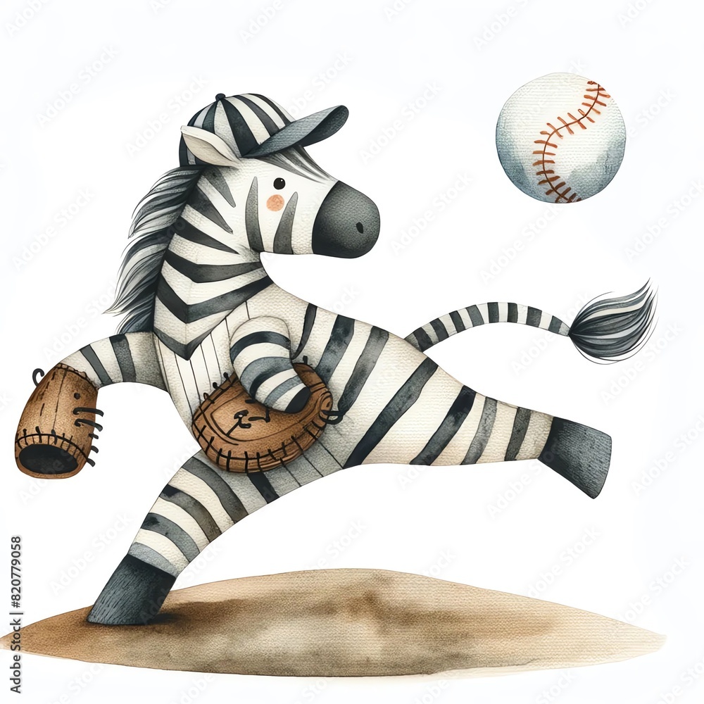 Fototapeta premium Cute cartoon zebra playing baseball. Zebra in baseball cap and glove catching a ball.