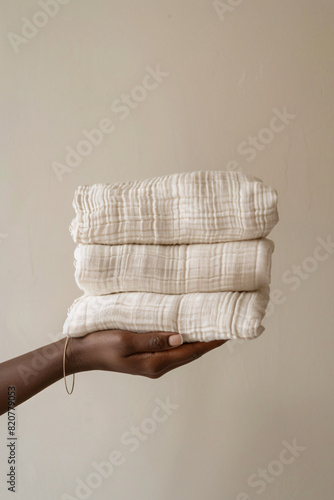 Woman's hand holding a stack of baby swaddle blankets, beige background photo
