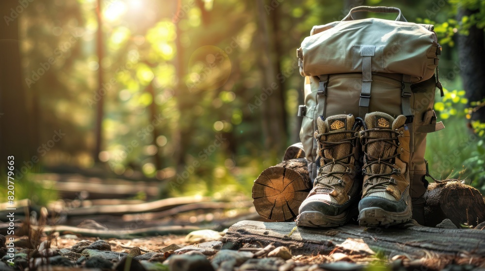 A pair of brown hiking boots and a backpack are on the ground in a forest A pair of brown hiking boots and a backpack are on the ground in a forest