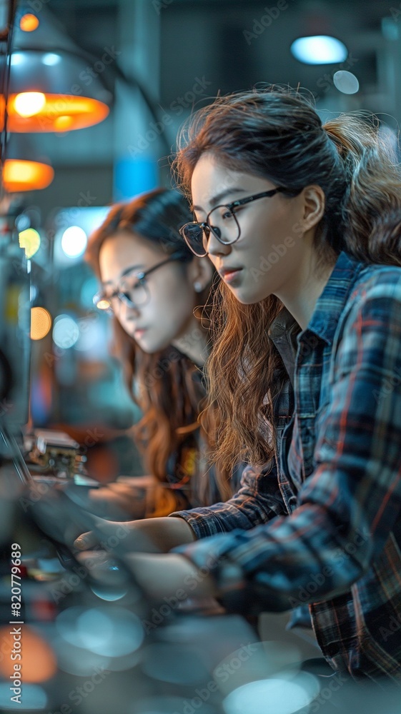 At the industry, coworkers using laptops