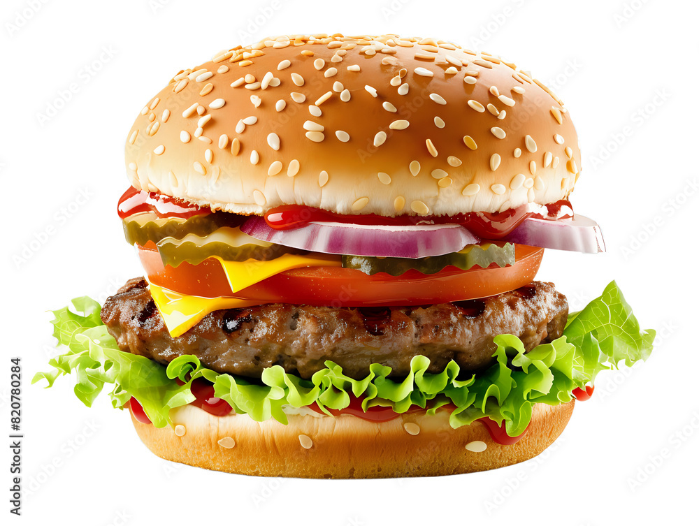 Delicious Beef Burger with Fresh Vegetables Isolated on Transparent Background Delicious Beef Burger with Fresh Vegetables Isolated on Transparent Background