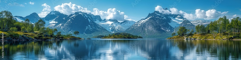 Breathtaking panoramic view of a serene lake surrounded by towering snow-capped mountains and lush greenery under a bright blue sky.