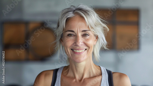 Portrait of a Smiling Middle-Aged Woman with Gray Hair in a Cozy Home Setting © Lahiru