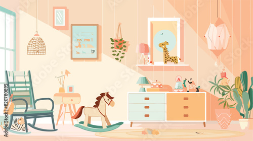Interior of childs room with rocking horse workplace