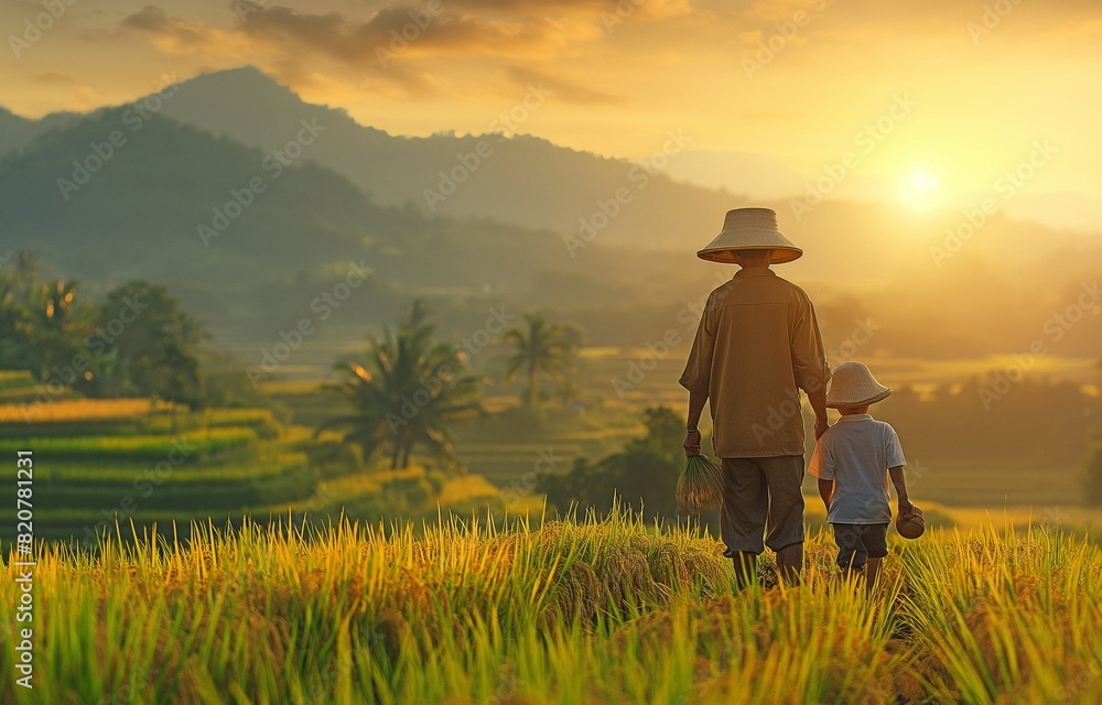 Southeast Asians live in rural areas of Thailand. A father and son are seen happily playing in rice fields after work. Southeast Asians live in rural areas of Thailand. A father and son are seen happily playing in rice fields after work.