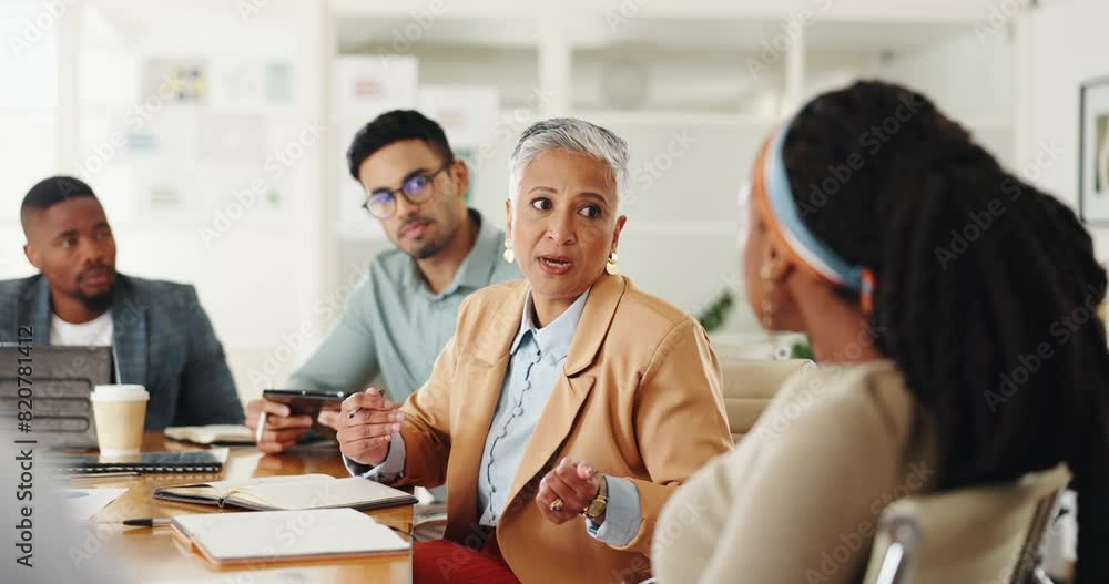 Senior, woman or business people in meeting with planning in teamwork for creative decision making. Collaboration, manager or professional employees with paperwork for project brainstorming in office
