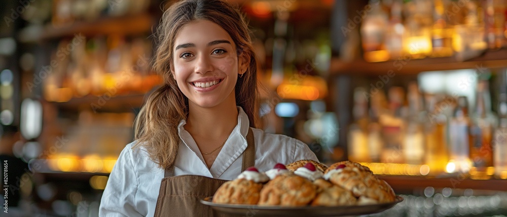 A happy waitress is shown in this bar employee portrait carrying food and beverages on a serving tray. A happy waitress is shown in this bar employee portrait carrying food and beverages on a serving tray.