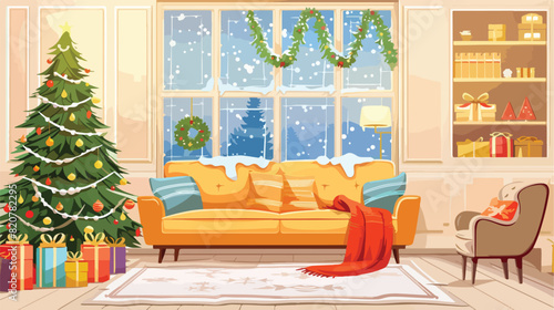 Interior of stylish living room with Christmas tree
