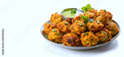 A plate of delicious Indian snack called pakora is served on white background