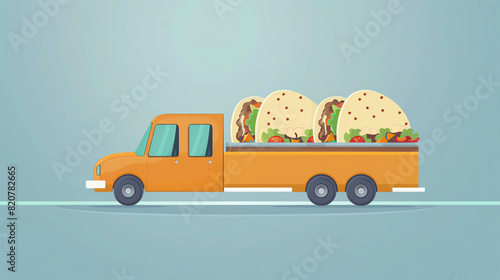 Taco truck trolley flat design, side view, modern theme, animation, triadic color scheme photo