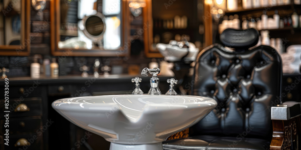 Empty hairdresser's wash basin with armchair in barbershop Empty hairdresser's wash basin with armchair in barbershop
