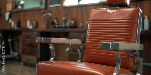 Empty leaver chair in barbershop in Barbershop interior.