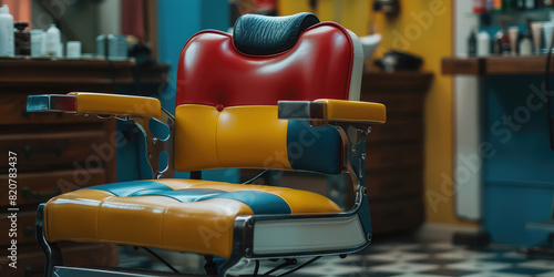 Empty leaver chair in barbershop in Barbershop interior. photo