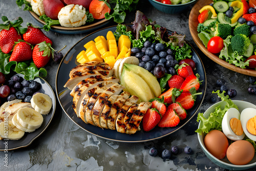 A Variety of Delicious and Nutritious Diet-Friendly Meals: Fruit Salad, Grilled Chicken with Veggies, and Fresh Salad Bowl