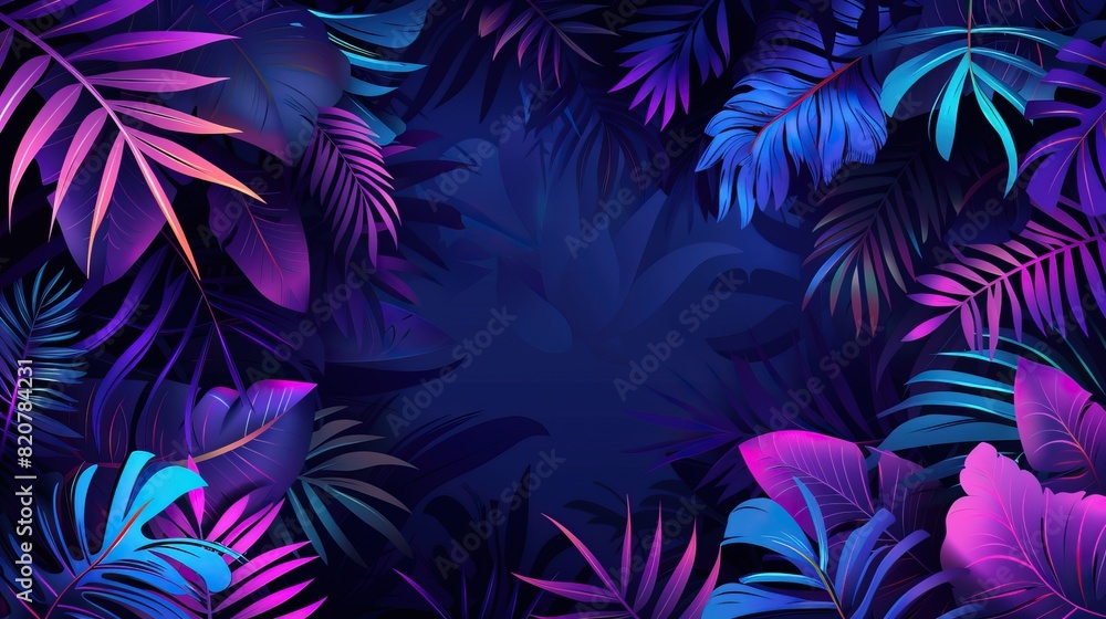 Illustration of blue and purple tropical leaves frame