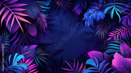 Illustration of blue and purple tropical leaves frame