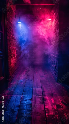 A dark basement room with an empty old brick wall illuminated by red and blue lights, creating a mysterious ambiance