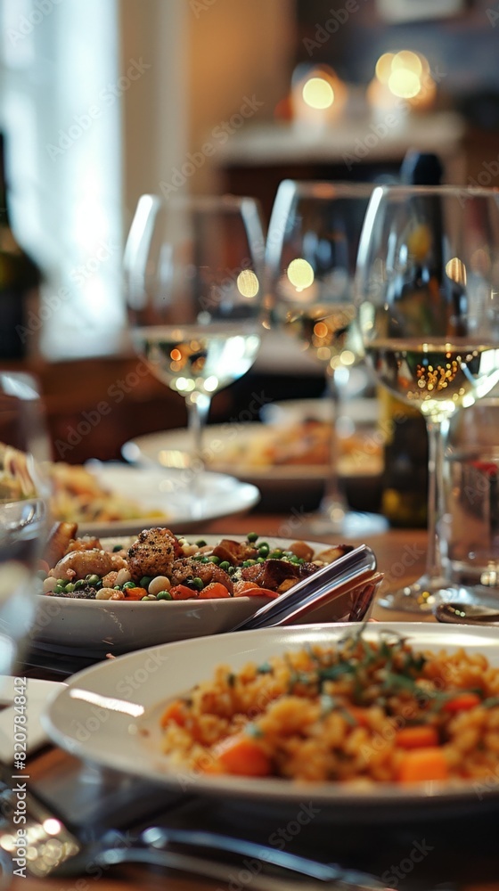 Sharp details of a dinner party setting, showcasing a plate of food on a table Sharp details of a dinner party setting, showcasing a plate of food on a table