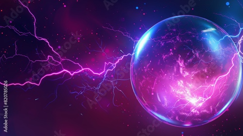 A ball dome with light energy effect and a modern of thunder. Lightning and magic bolt power spheres with neon discharges. Abstract plasma storm explosion above the shield.