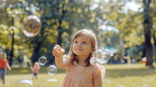 Small  smiling girl reaches out her hand to soap bubbles that fly on a green meadow in a summer park. Children are playing in the background.