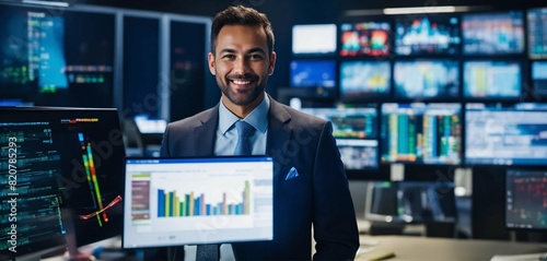 A vibrant image depicts a businessman with full body!, small smiling, defocus, standing behind a fully transparent computer screen and looking directly to the camera, rich with diverse business data