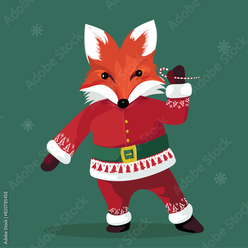 Vector illustration of a fox wearing a festive Christmas costume.