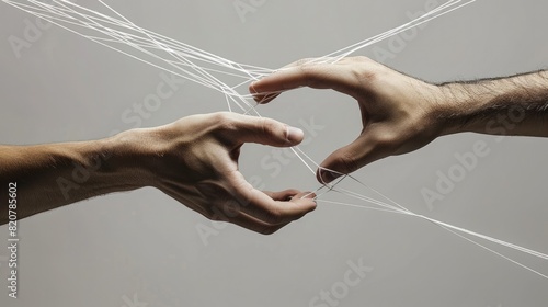 Photo shows hands weaving strings together, forming an intricate web. Metaphor of various connections between people through communication, help, love, care