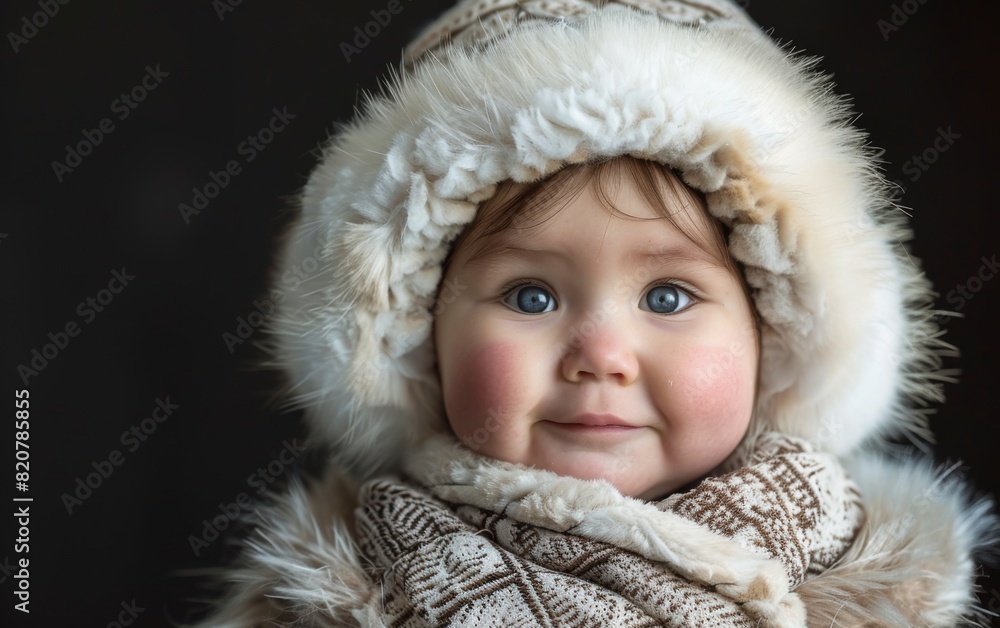 A baby, of Inuit descent, dressed in a white hat and scarf A baby, of Inuit descent, dressed in a white hat and scarf