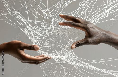 Photo shows hands weaving strings together, forming an intricate web. Metaphor of various connections between people through communication, help, love, care photo