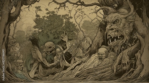 Fotografie Digital illustration of a traditional Japanese youkai supernatural entity in a f