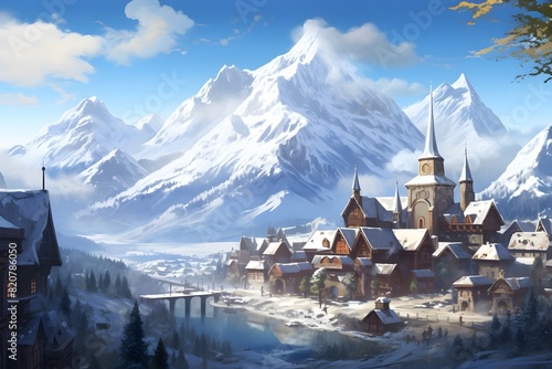Design a scene showcasing a snow-covered castle atop a mountain peak  © Book